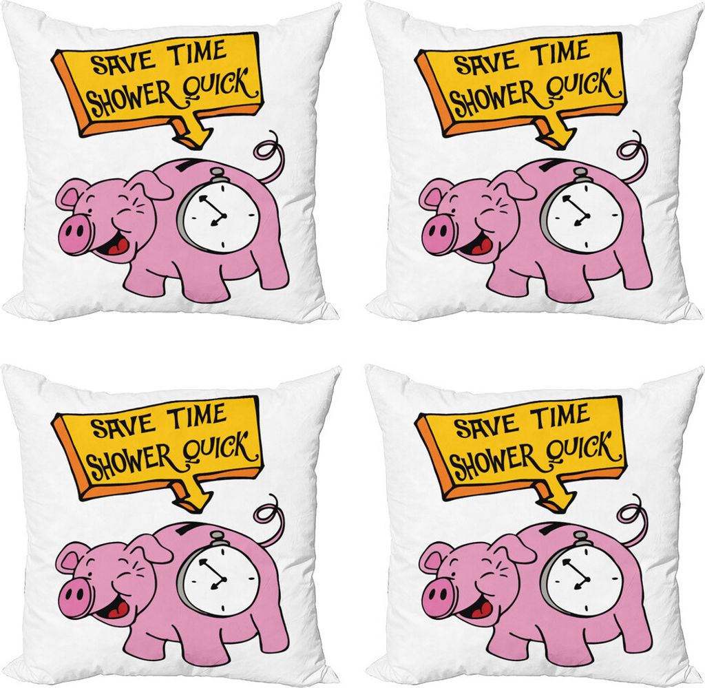 ABAKUHAUS Komisch Kissenbezug Set (4 Stück), Sparen Sie Zeit Dusche Schnell Piggy, Moderner Doppelseitiger Digitaldruck, 40 cm x 40 cm, Rosa und Gelb