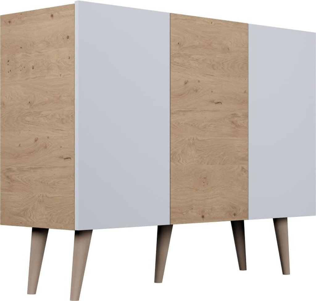 Kommode Toronto - Sideboard 120 cm - Skandinavisch Schrank 40 cm Tiefe mit Holz Füße und 3 Türen - Eiche Artisan / Weiß