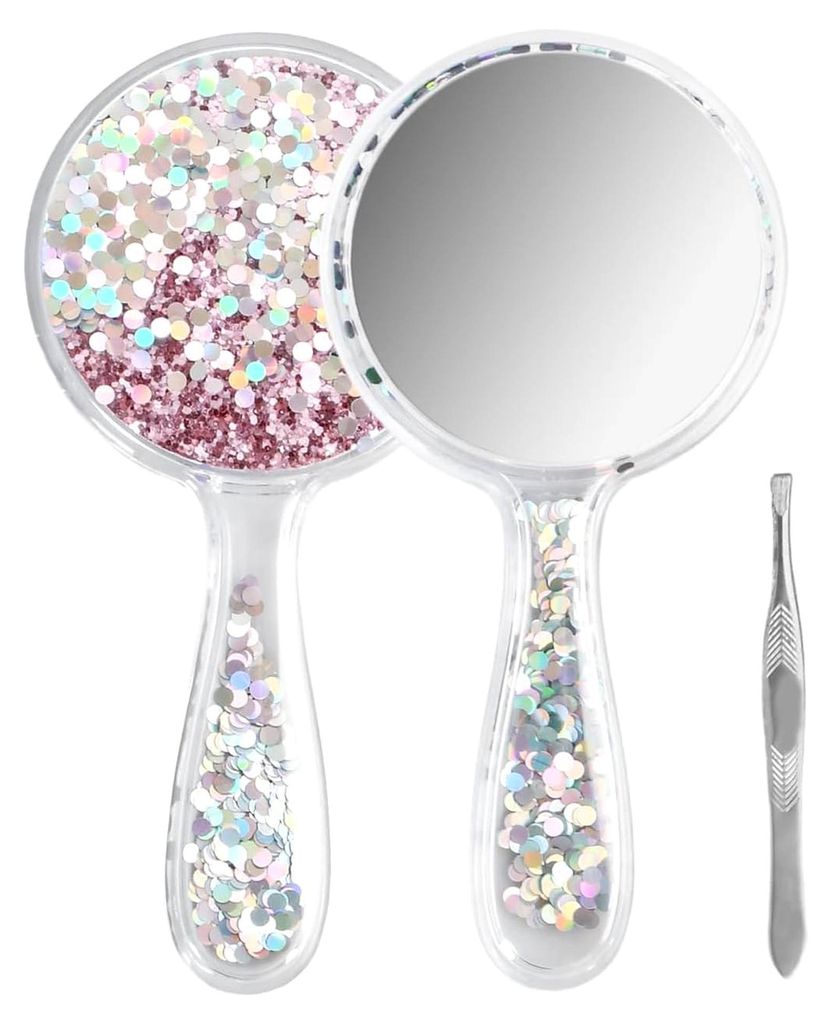 Handspiegel, runder Schminkspiegel mit ergonomischem Griff, kleiner Reise-Spiegel mit Pinzette für Damen für tägliches Make-up