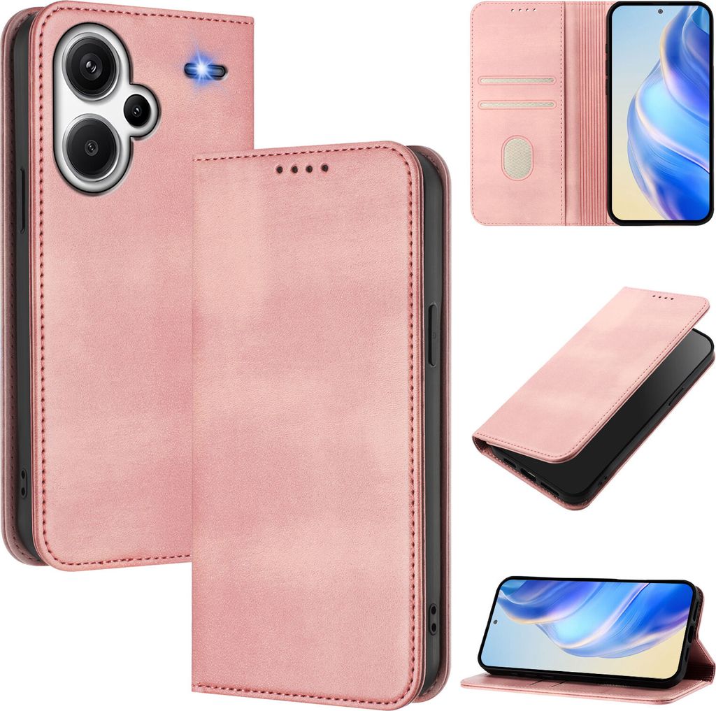 Handyhülle für Xiaomi Redmi Note 13 Pro+, Vintage Leder RFID Schutz Kartenfach Standfunktion Magnetische Klapphülle Pink