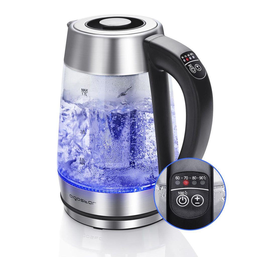 Aigostar - Glas Wasserkocher mit Temperatureinstellung 60°C-100°C, LED Beleuchtung im Farbwechsel, 2200W, 1,7 L, 120 Minuten Warmhaltefunktion