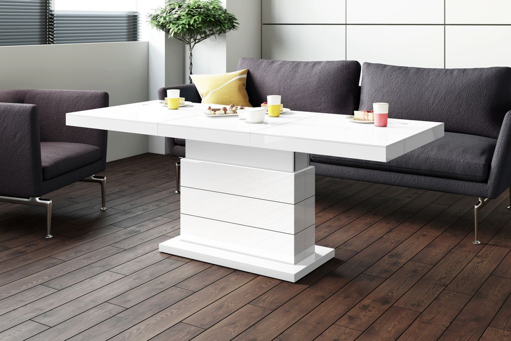 Design Couchtisch Matera Lux H-333 Weiß Hochglanz höhenverstellbar ausziehbar Tisch Esstisch