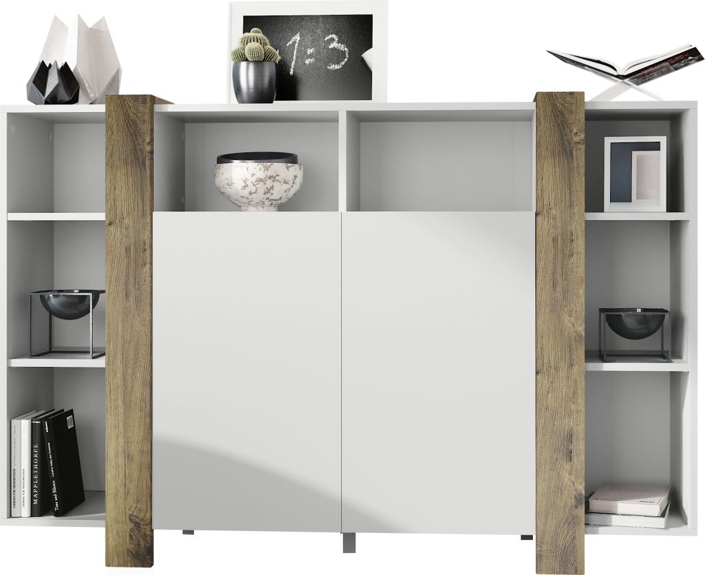 Vladon Highboard Ida, Germany, Anrichte mit 12 Fächern, Korpus in Weiß matt, Blenden in Eiche Ribbeck (149 x 101 x 34 cm) | Große Farbauswahl