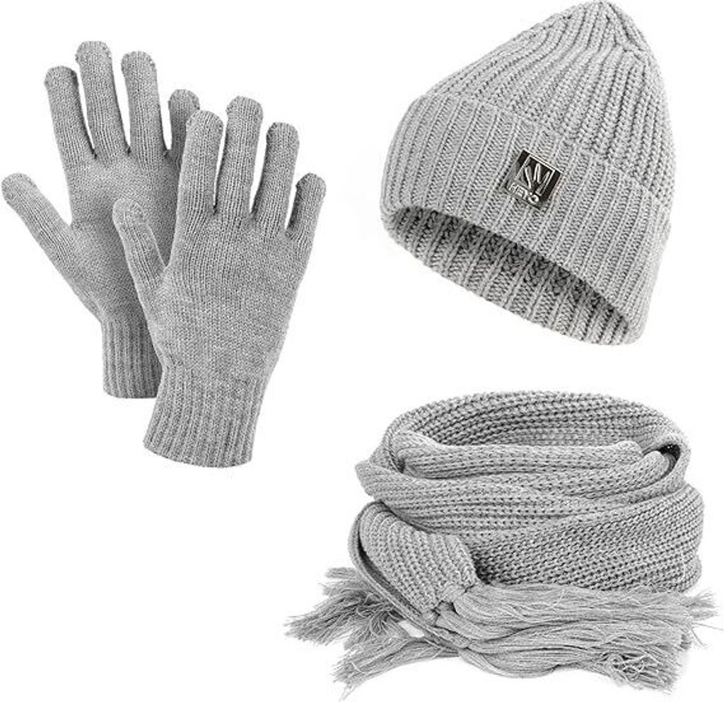 Damen Mütze Schal Handschuhe Set für Winter Beanie Strickmütze warm Winterschal mit Fransen Grau