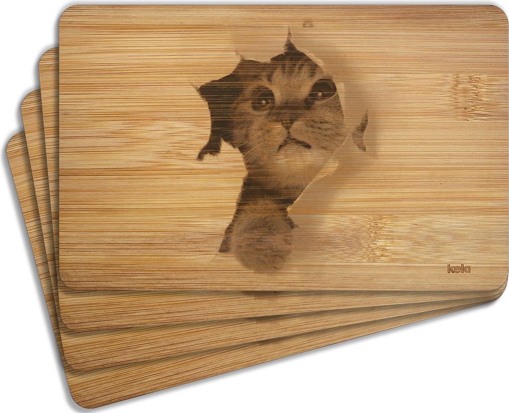 Wallario Frühstücksbrettchen 4er Set aus Holz, je 22 x 14 cm, Motiv Katze mit Blick nach oben