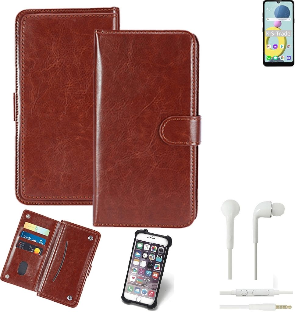 K-S-Trade 360° Hülle kompatibel mit LG Electronics Xpression Plus 3 inkl. Headphones braun Kunstleder Case BookCase WalletCase Kunstlederederhülle