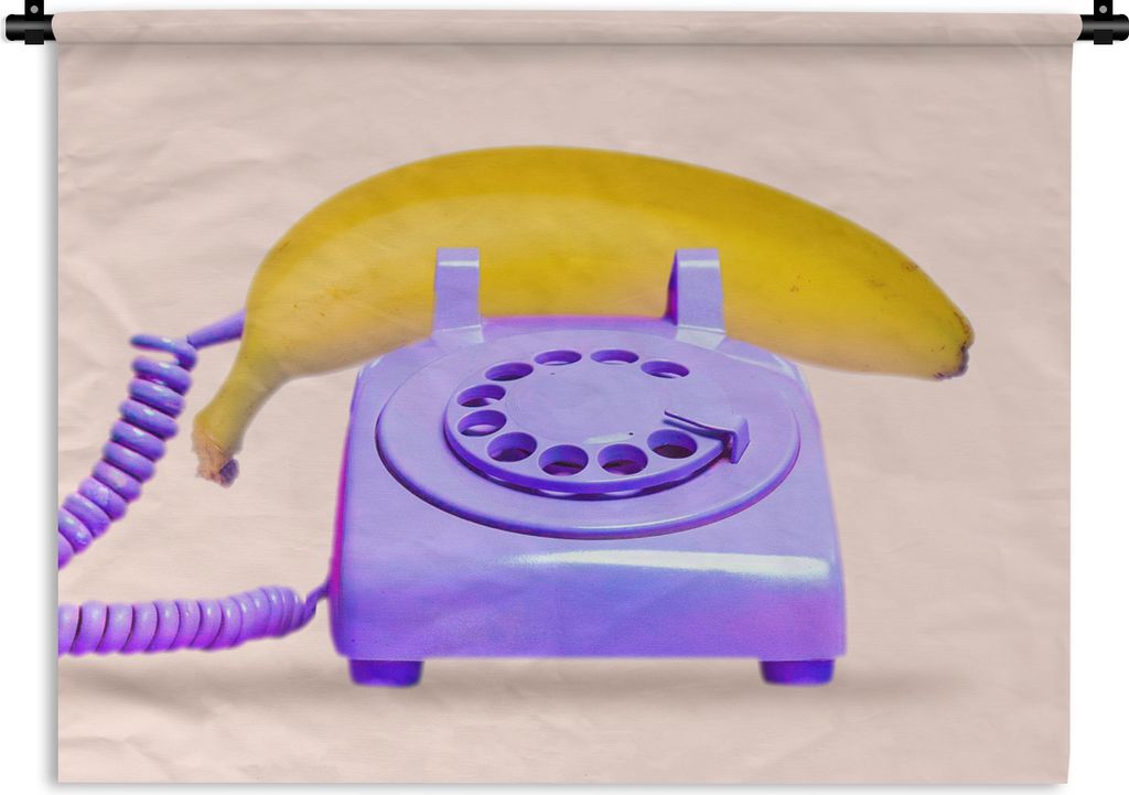 MuchoWow Wandteppich Wandbehang Banane - Telefon - Lila - Gelb 90x67.5 cm Tapisserie Dekoration Wandtuch - Fototeppich - Wand-Skulpturen