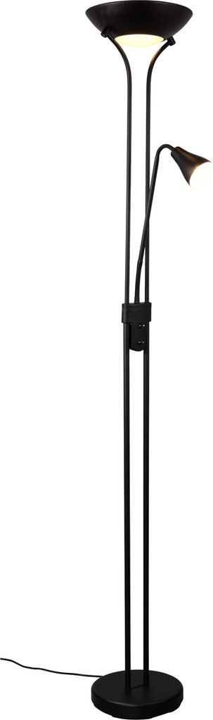 A black floor lamp with a reading light.