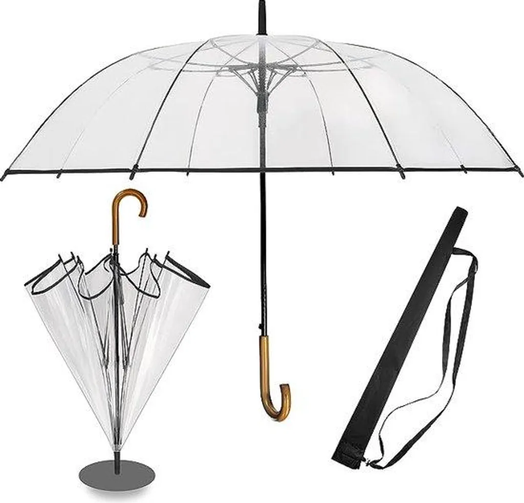 Parapluie transparent mariage XXL anti-vent manche bois véritable 120cm