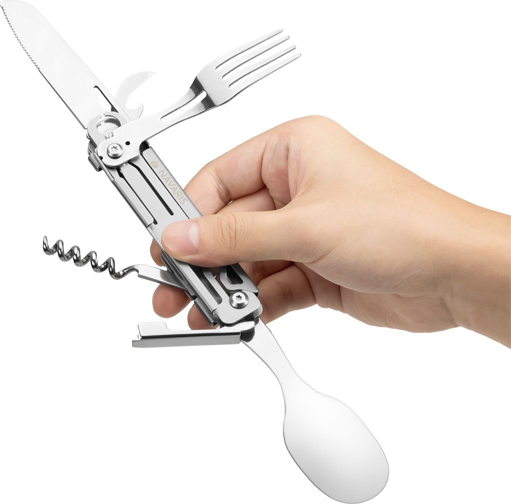 Navaris Edelstahl Camping Besteck 2tlg. - Outdoor Messer Gabel Löffel inkl. Tasche - Ultraleichte 6-in-1 Essbesteck Kombi - Reisebesteck Set aus