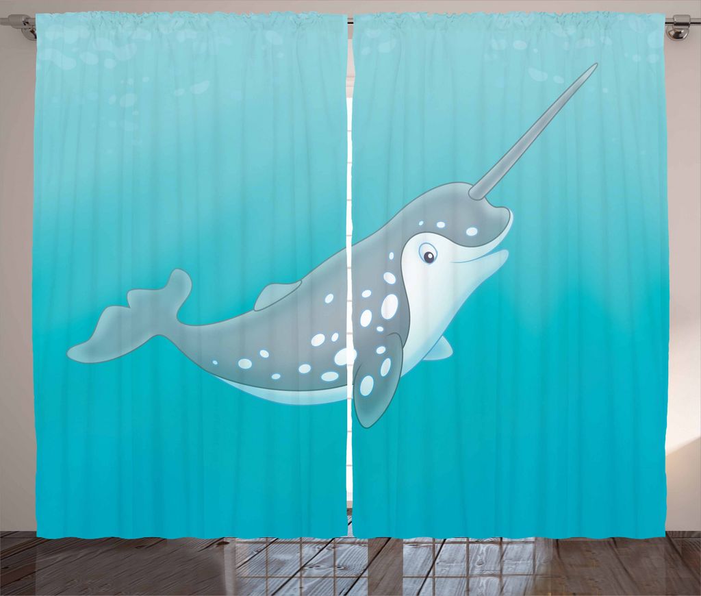 ABAKUHAUS Narwal Rustikaler Vorhang, Cartoon Säugetier Zeichnung, Wohnzimmer Universalband Gardinen mit Schlaufen und Haken, 280 x 225 cm, Seafoam...