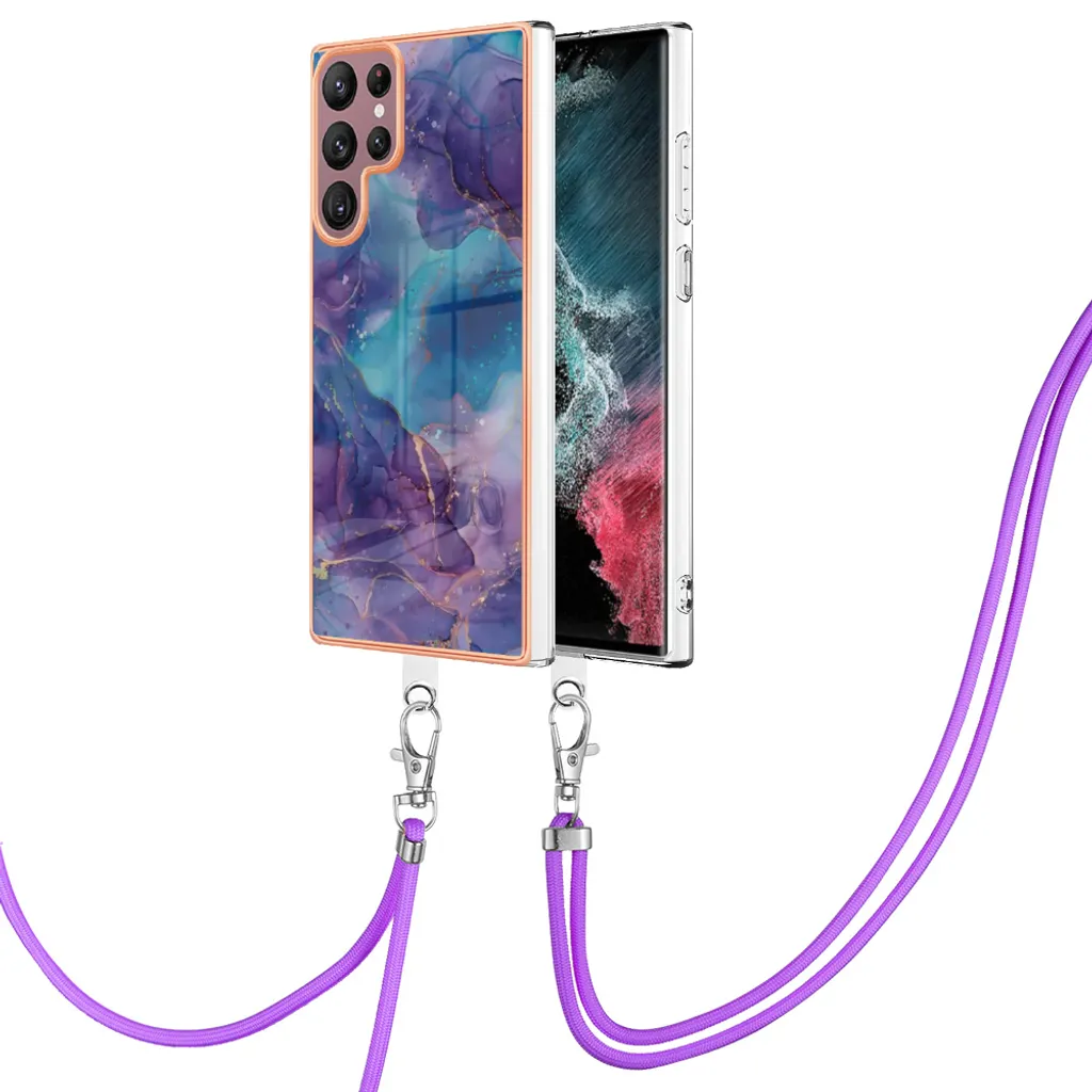 Custodia con cinturino per Samsung Galaxy S23 Ultra, bumper in TPU a fantasia, custodia protettiva con cinturino regolabile Viola - 2