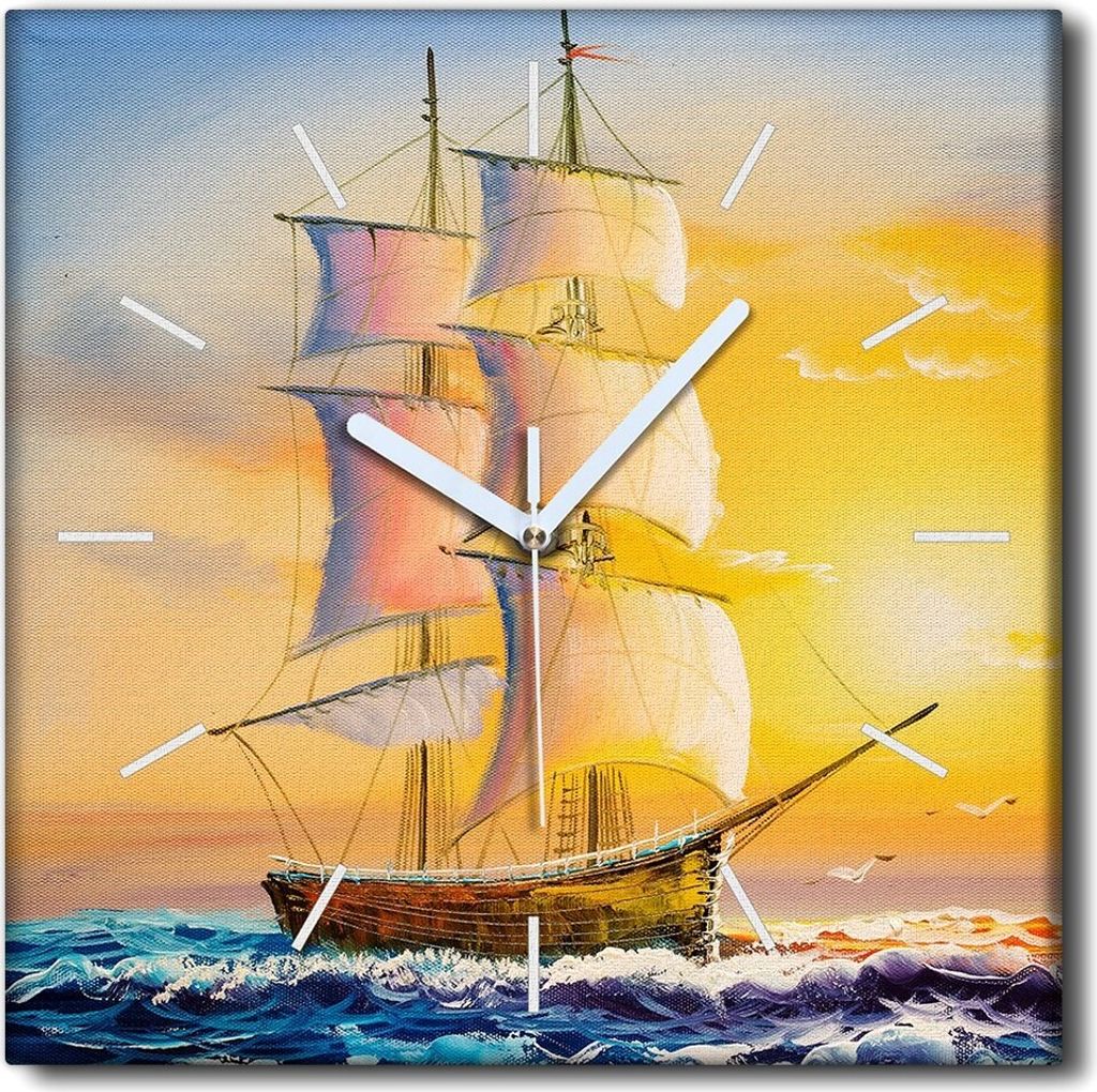 Coloray Uhr auf Leinwand 30x30 cm Wand Uhr Dekoration Wohnzimmer Segeltuch weiße Zeiger -Sonnenuntergangboot