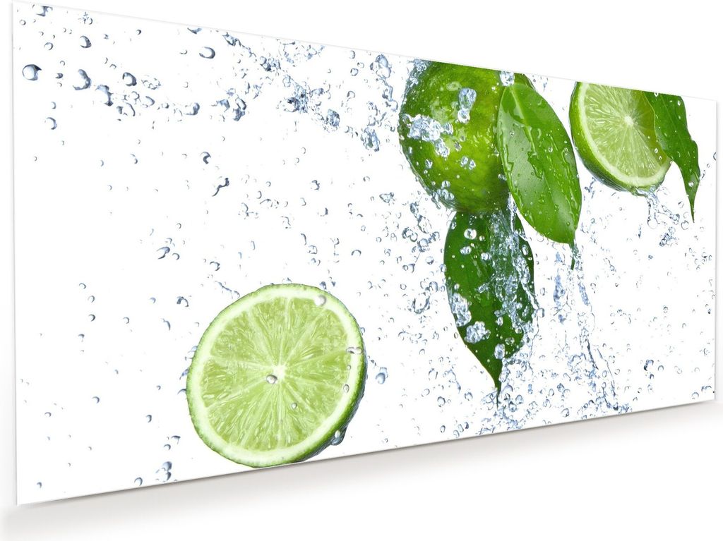 Glasbild Wandbild Limetten im Wassersplash 60x30cm in XXL für Wohnzimmer, Schlafzimmer, Badezimmer, Flur