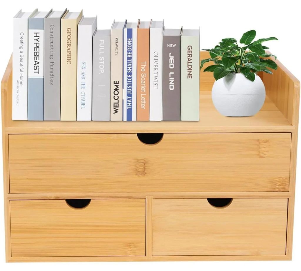 Bambus-Aufbewahrungsbox - Schreibtisch-Organizer mit Schublade - 30×19×20 cm - Mit Griff - Für Kosmetik, Stifte, Büroklammern, Notizzettel, Rec...