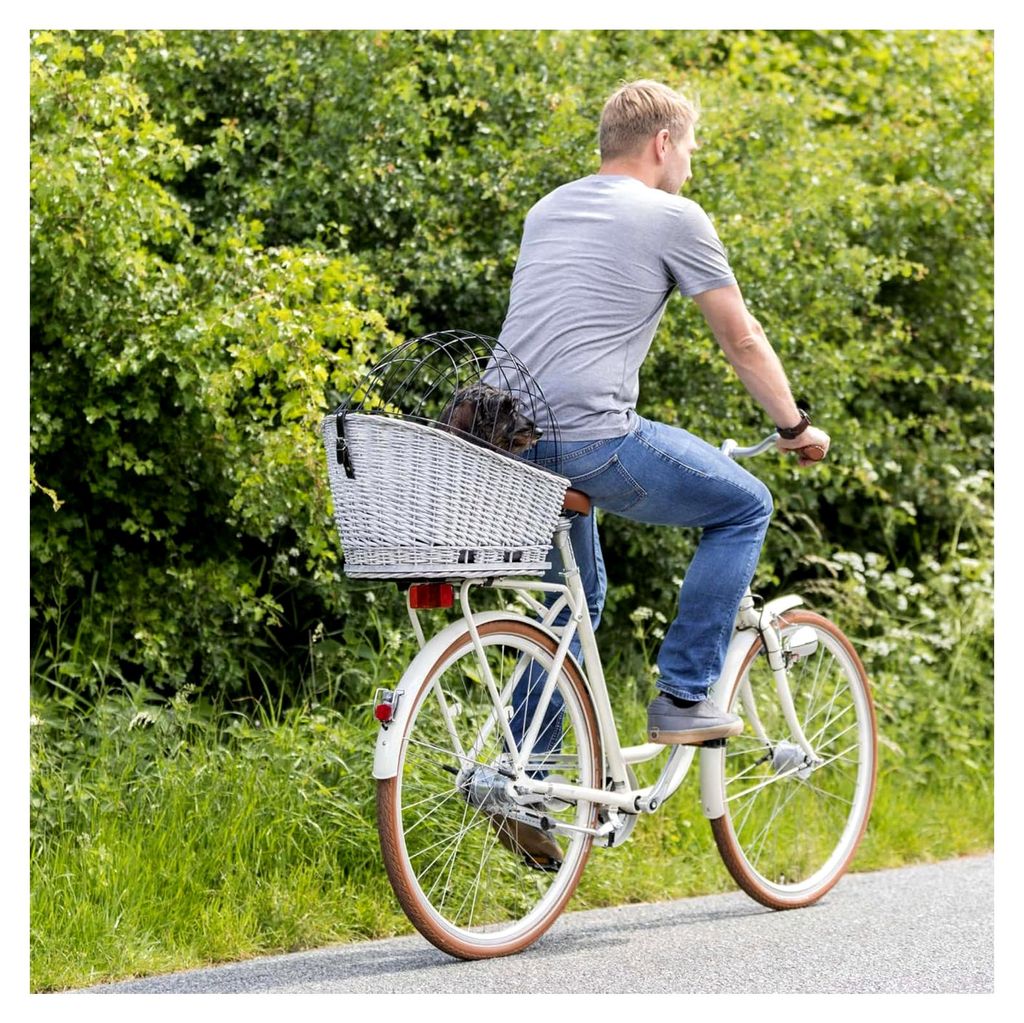 Fahrradkorb aus Weide für Hunde bis 8 kg, 35 × 49 × 55 cm - gewebter Hundefahrradkorb für den Gepäckträger - mit Schutzgitter und weichem Kissen