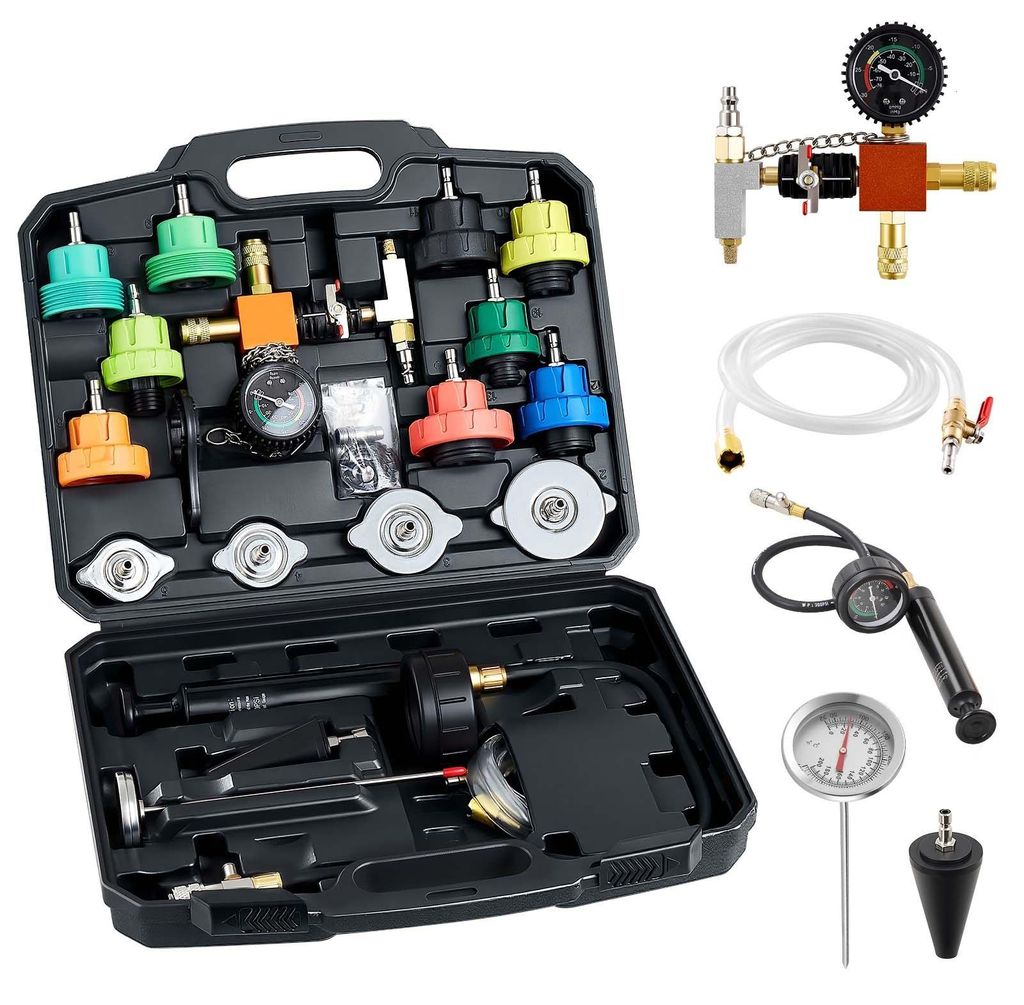 Kühlmitteldruckprüfer Set - 28-tlg. Kfz-Kühlsystem Tester - Universelle Passform - 4 Adapter - Mit Druckpumpe - Befüllgerät Kühlwasser - Fül...