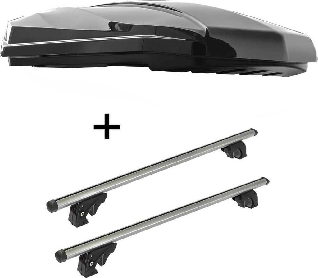 DACHBOX STRIKE 440 Liter schwarz hochglanz + Dachträger/Relingträger VDPLION1 kompatibel mit Kia Rio (DC) Hatchback (5 Türer) 03-05