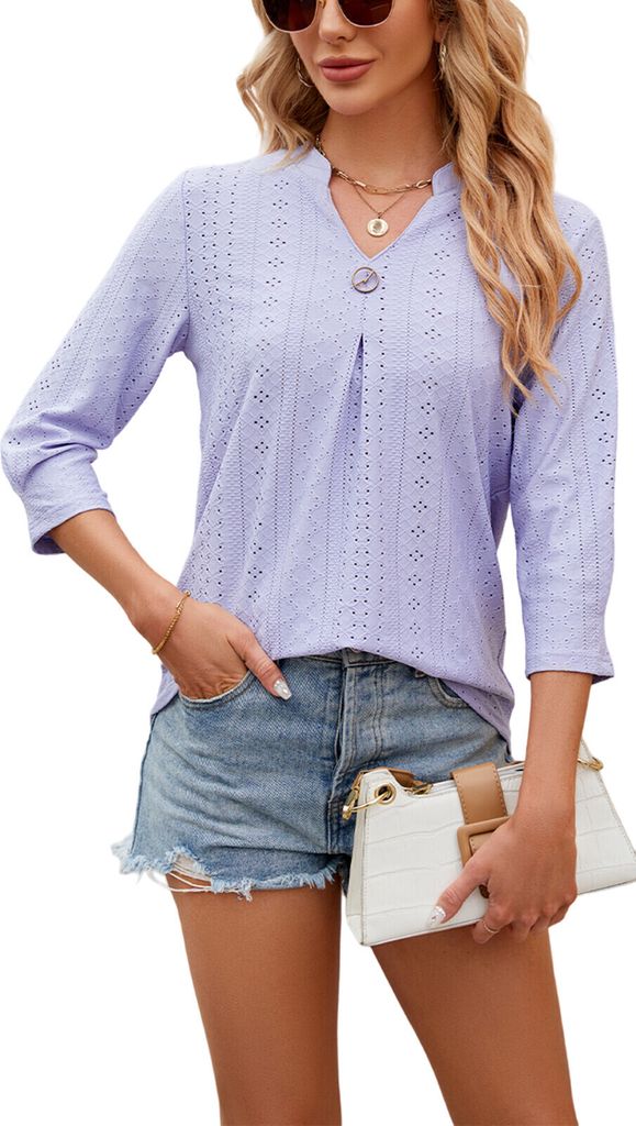 ASKSA Damen T-Shirt 3/4 aermel Aushoehlen Bluse V-Ausschnitt Sommer Tunika Elegant Shirts Tops, Violett, Groesse: XL