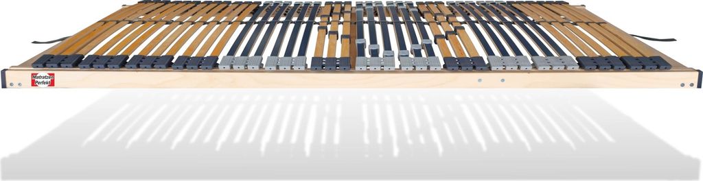 A wooden slatted bed base with a reflection underneath, presented on a white background.