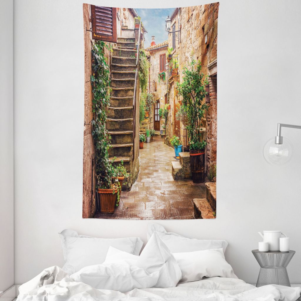 ABAKUHAUS Italien Wandteppich und Tagesdecke, Old Stone Street Häuser aus Weiches Mikrofaser Stoff Waschbar ohne Verblassen Digitaldruck, 140 x 23...