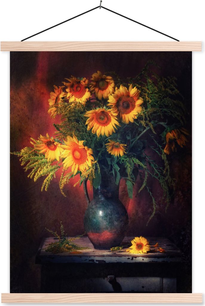 MuchoWow Textilposter Sonnenblumen - Vase - Stilleben 60x80 cm mit holzfarbenen Rahmen - Wandbild
