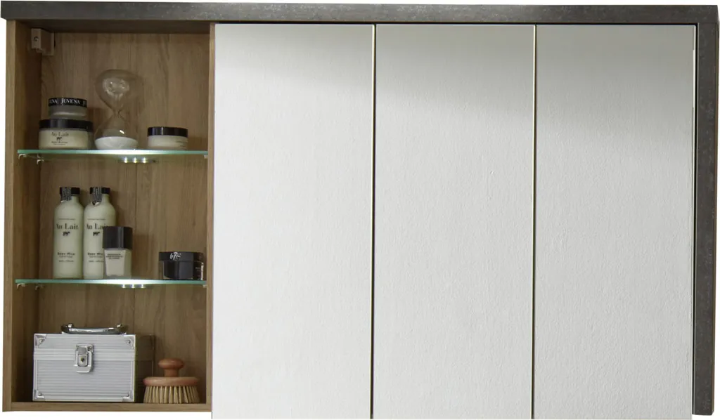 Armoire toilette Bay 3 portes miroir, 3 niches, Chêne Miel et Béton