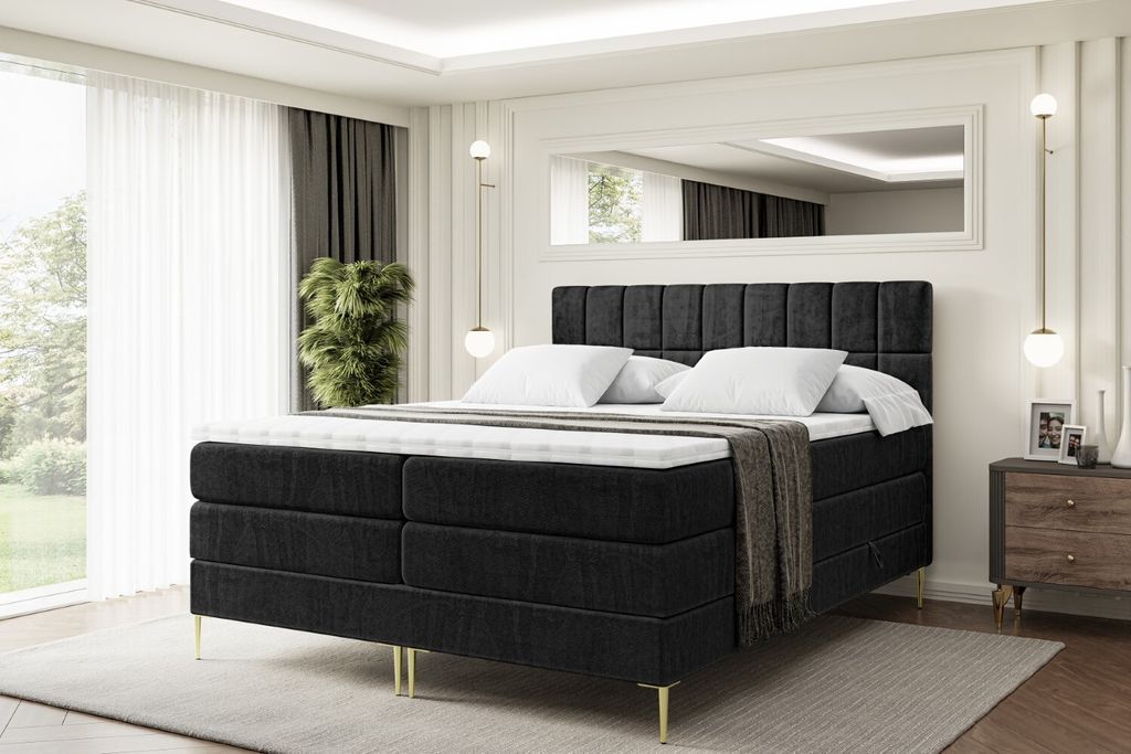 ALTDECOR Boxspringbett mit Gold Füßen, Matratze und Lattenrost, Topper, Polsterbett mit Bettkasten, Bett mit Stauraum H3- und H4- Matratze, Doppe...