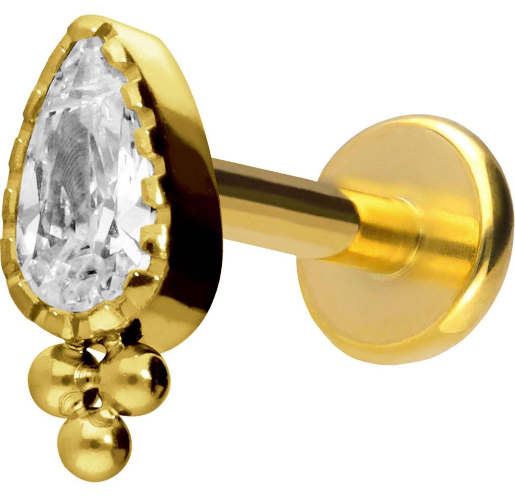 Ohrpiercing, Nasenpiercing Titan Labret mit Push Fit KRISTALLTROPFEN + KUGELN Gold Stablänge: 8mm | Stabstärke: 1,2mm