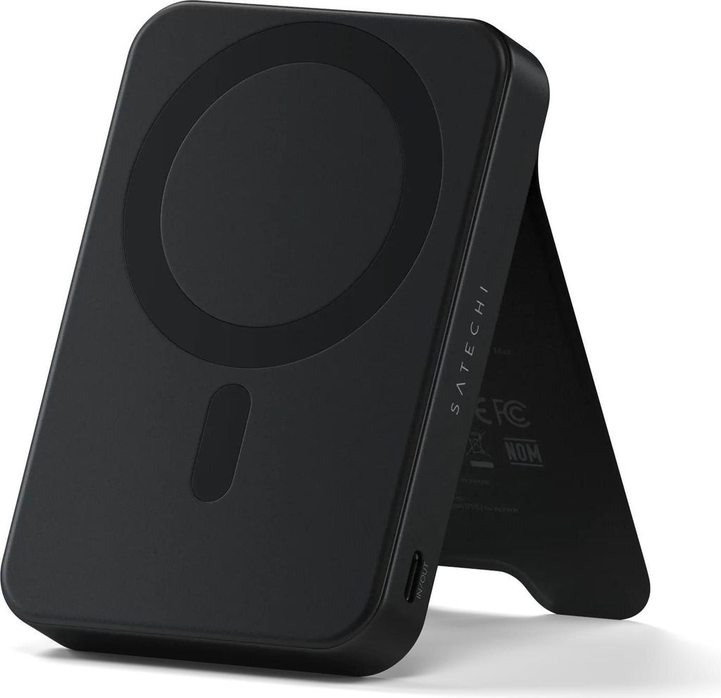 A black Satechi magnetic power bank with a stand function is shown against a white background.