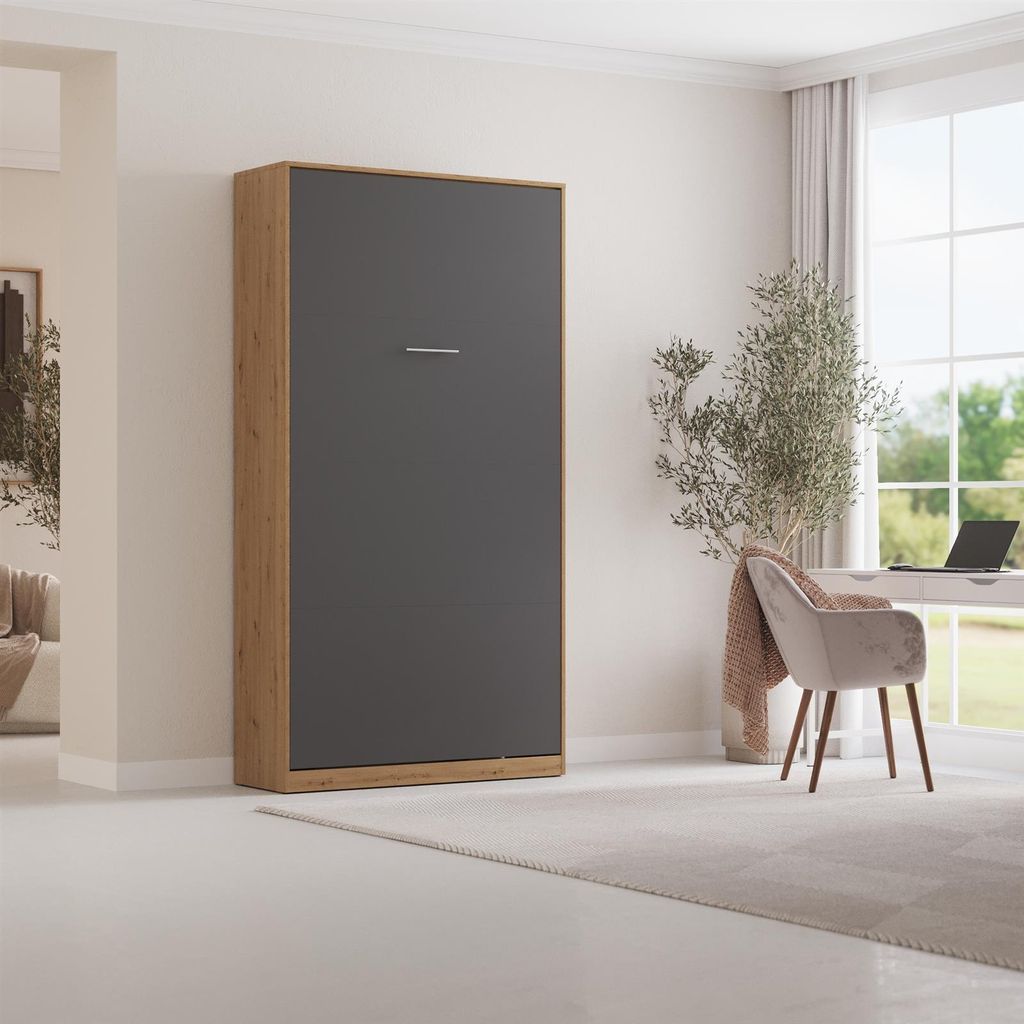 Schrankbett Klappbet 100x200 Vertikal Wildeiche/Anthrazit ohne Taschenfederkernmatratze