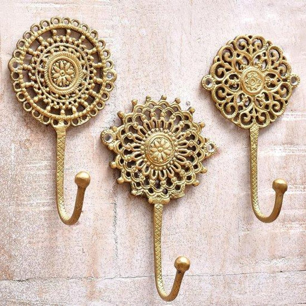 Indische Boho messing haken 3 wandhaken Gouden Shabby Chic kapstok