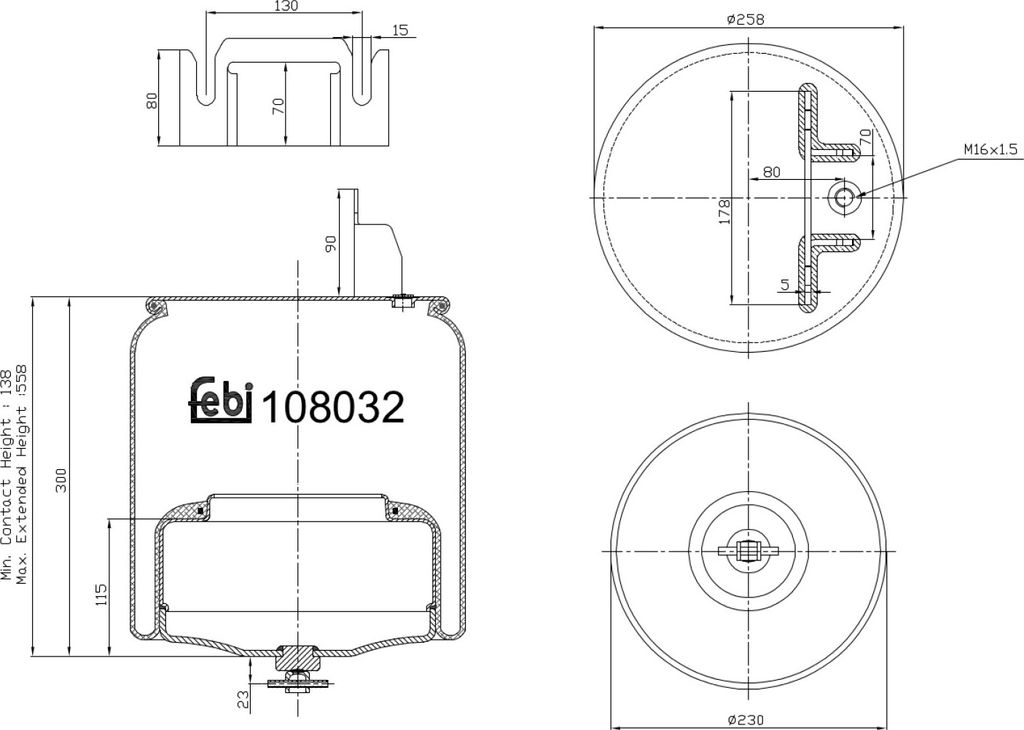 FEBI BILSTEIN Luftfederbalg Federbalg 108032 Vorne Links Vorne Rechts für VOLVO FH 458 138mm 258 230mm