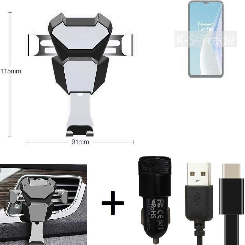 K-S-Trade Lüftungsschlitz Halterung kompatibel mit OnePlus Nord N20 SE Lüftungshalterung Lüftungsgitter schwarz-silber Auto-Halterung Smartphone