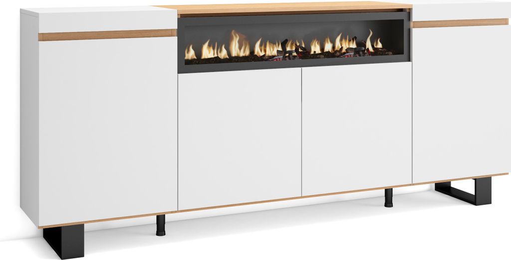 A modern sideboard with a built-in electric fireplace.