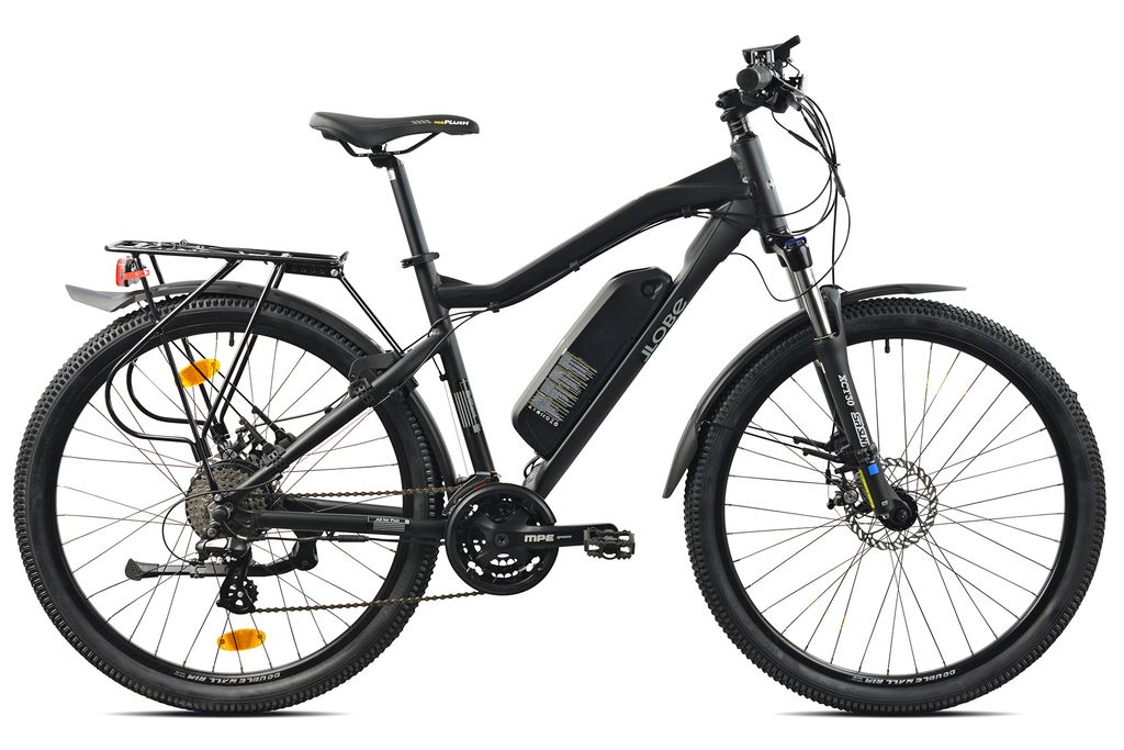 A black electric mountain bike is shown against a white background.