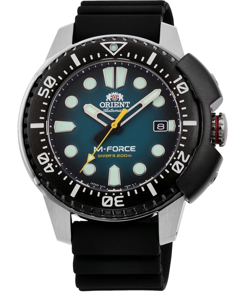 A close-up studio shot of an Orient M-Force Diver's 200m watch against a white background.