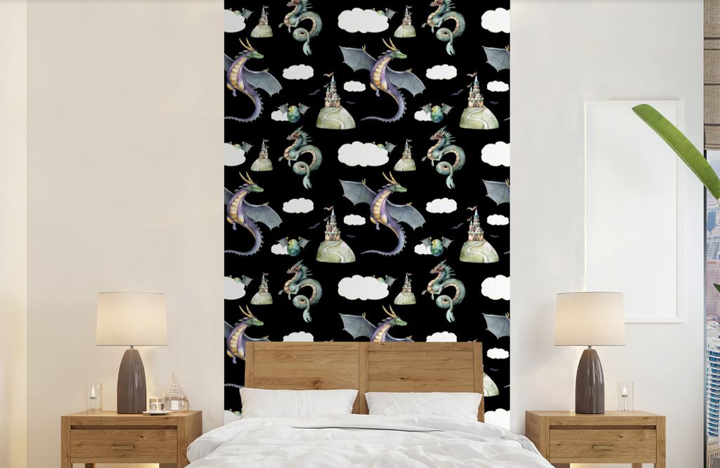 MuchoWow Fototapete für Wohnzimmer oder Schlafzimmer Wandtapete Vinyl Motivtapete Jungen - Muster - Drache - Burg - 120x240 cm - Hintergrundbild