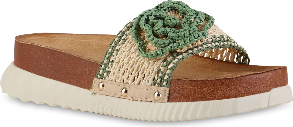 VAN HILL Damen Pantoletten Sandaletten Blumen Profil-Sohle Bast Schuhe 841745, Farbe: Grün, Größe: 39