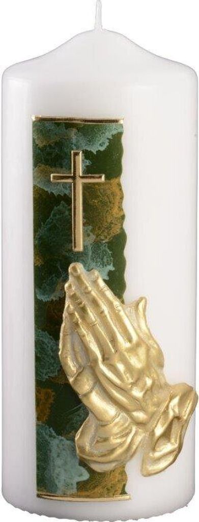 Trauerkerze "Betende Hände und Kreuz gold" 200 x 80 mm mit Klarsichtkarton