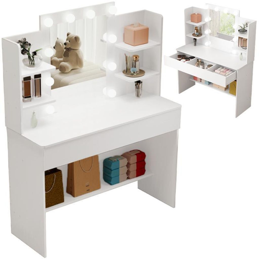 A white vanity table with LED lights and a mirror, featuring shelves and drawers, with decorative items and storage bags.