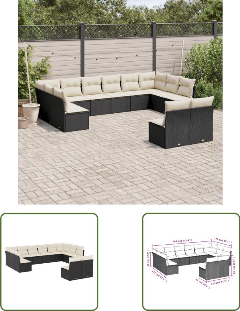 The Living Store 12-tlg. Garten-Sofagarnitur mit Kissen Schwarz Poly Rattan