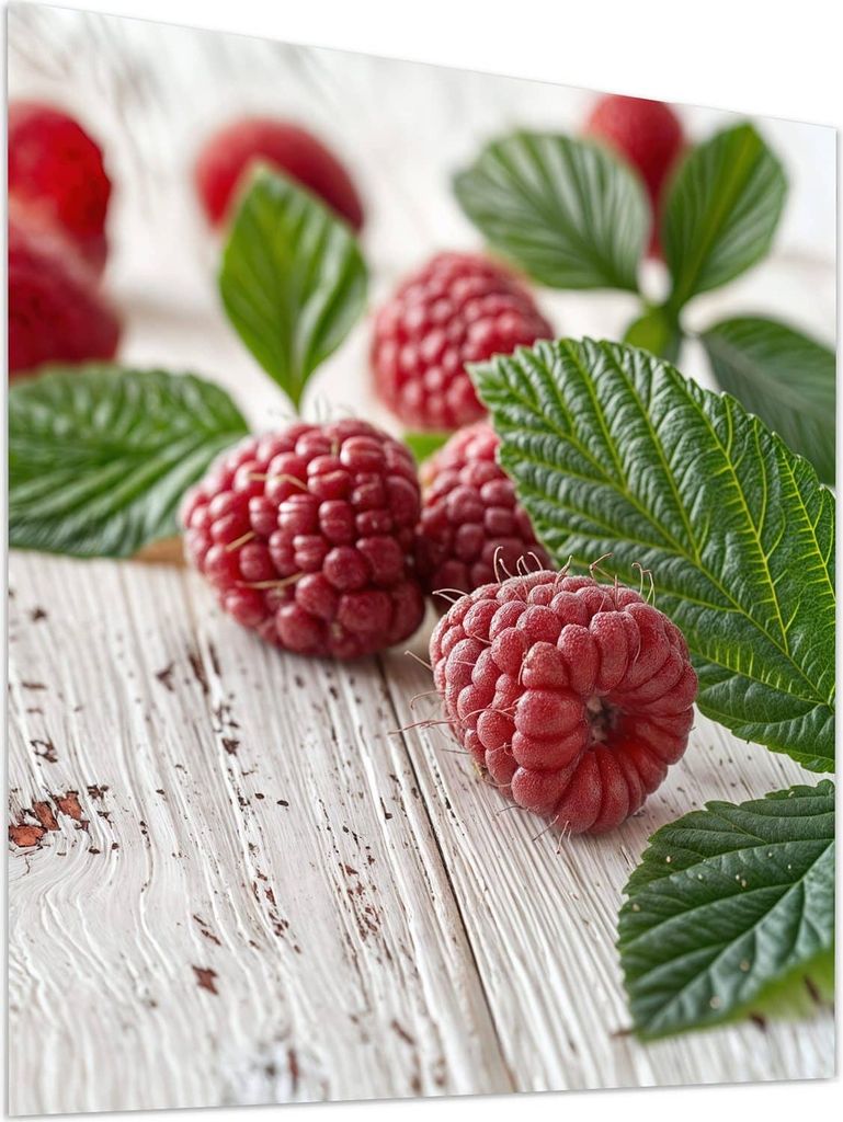 Glasbild 90x100cm in XXL für Wohnzimmer, Schlafzimmer Motiv Himbeeren Holztisch