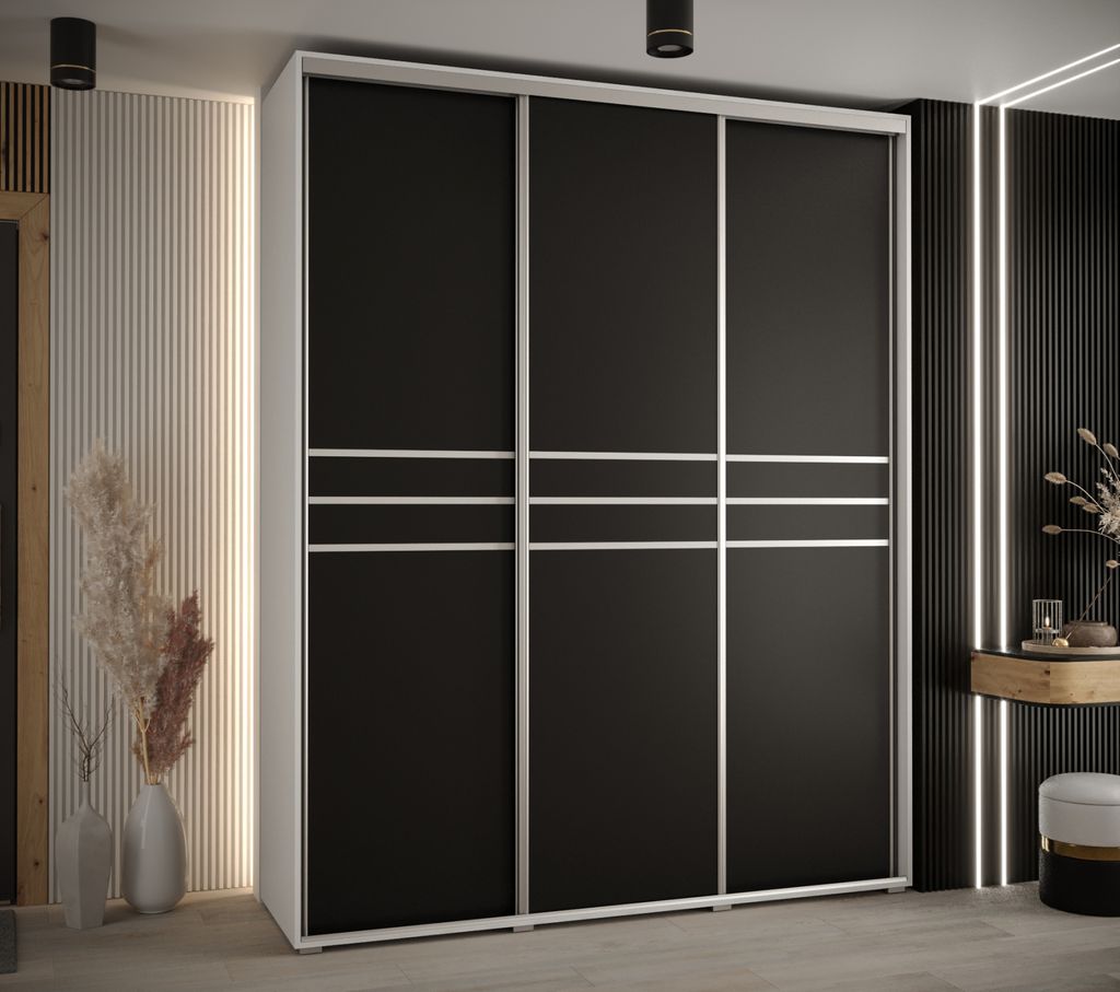 Kleiderschrank ASIRI 10 - 200/45 cm, weiß/schwarz/silber