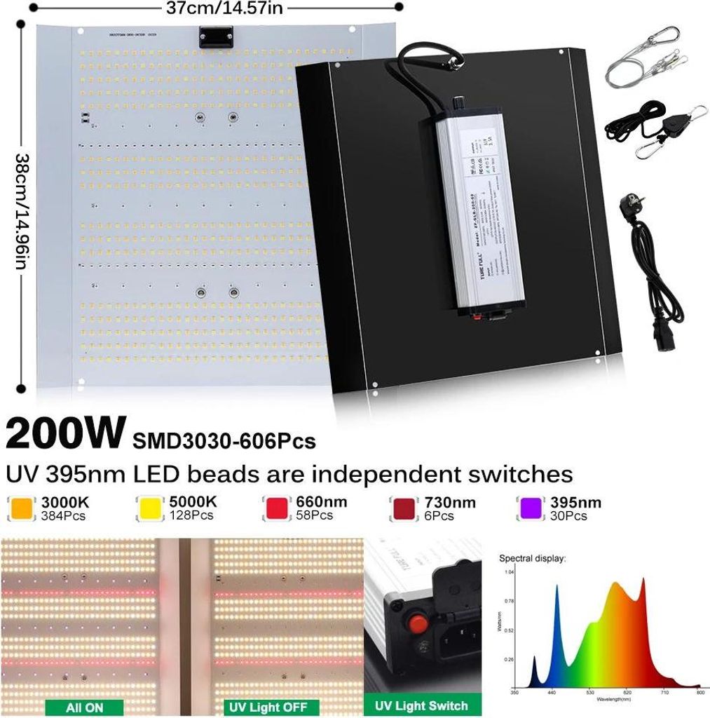 LED Pflanzenlampe - 200W SMD3030 - Vollspektrum einstellbar - UV 395 nm - Dimmbar mit Drehknopf - Hoher PPFD - AC 100–240 V - Aluminiumgehäuse