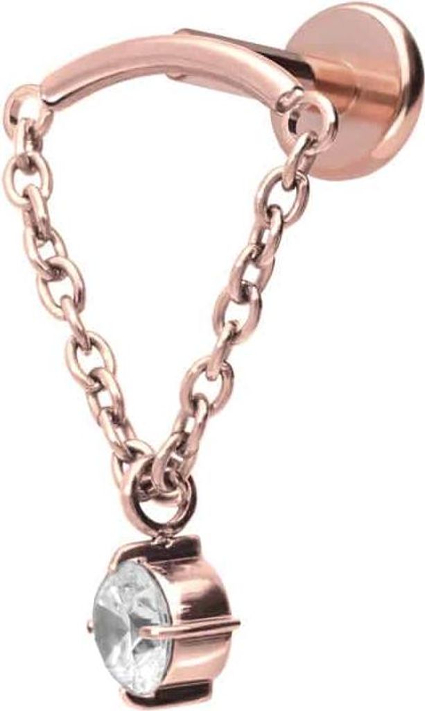 Ohrpiercing, Nasenpiercing Titan Labret mit Push Fit BOGEN + KETTE + KRISTALL RoséGold Stablänge: 8mm | Stabstärke: 1,2mm