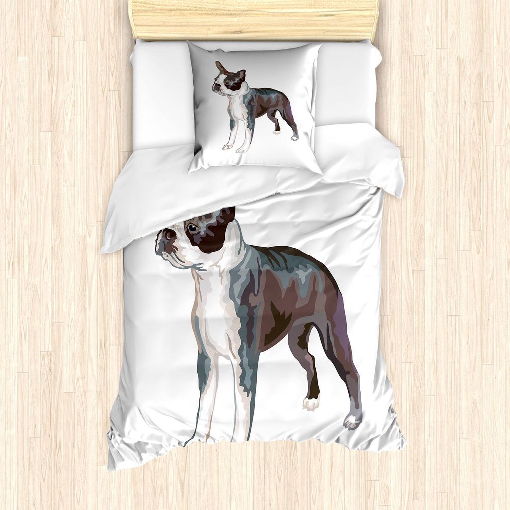 ABAKUHAUS Boston Terrier Bettbezug Set, Porträt des stehenden Hunde-realistischen Illustrations-Digital-Farbeffektes, 135 x 200 cm + 80 x 80 cm, M...
