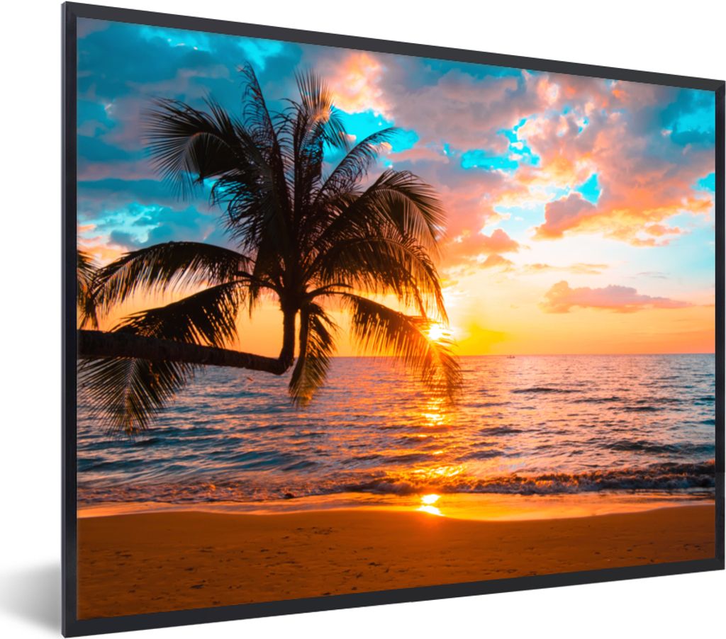 MuchoWow Gerahmtes Poster Palme - Sonnenuntergang - Horizont - Strand - Meer - Tropisch 40x30 cm - Poster mit Schwarzem Bilderrahmen Wandposter R...