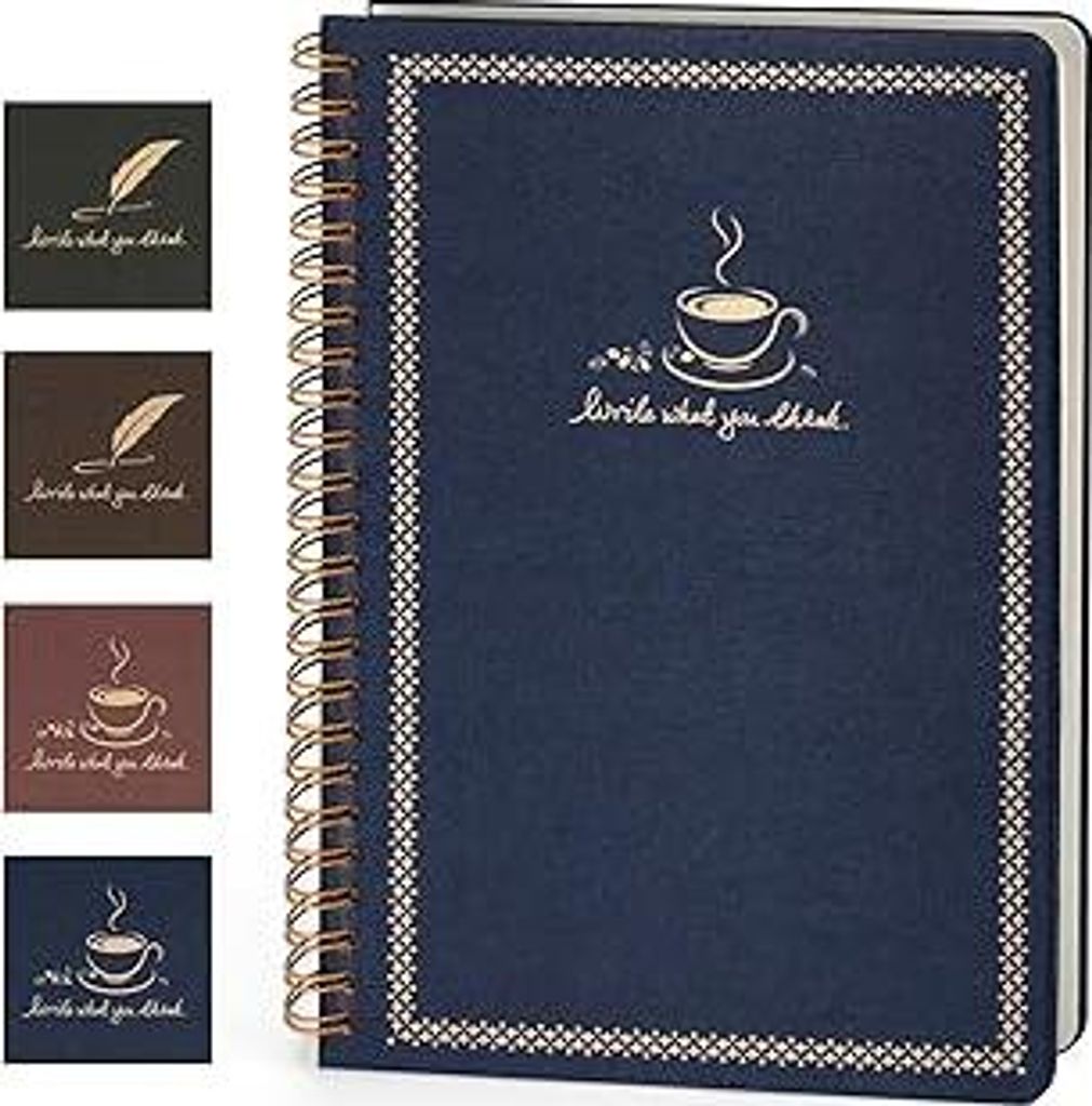 WETLOTE Spiral-Notizbuch A5 Liniert, 160 Seiten, 80 g/m² – Stoffeinband mit Goldfarbenem Kaffeetasse Druck für Schule, Büro & Reisen