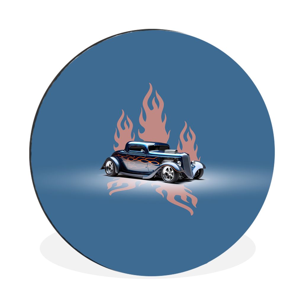 MuchoWow Aluminium Wandkreis Auto - Blau - Flammen - Vintage Ø 90 cm Wanddeko Modern Wohnzimmer - Mauerkreis - Wandbilder - Runde Bild - Bild au...